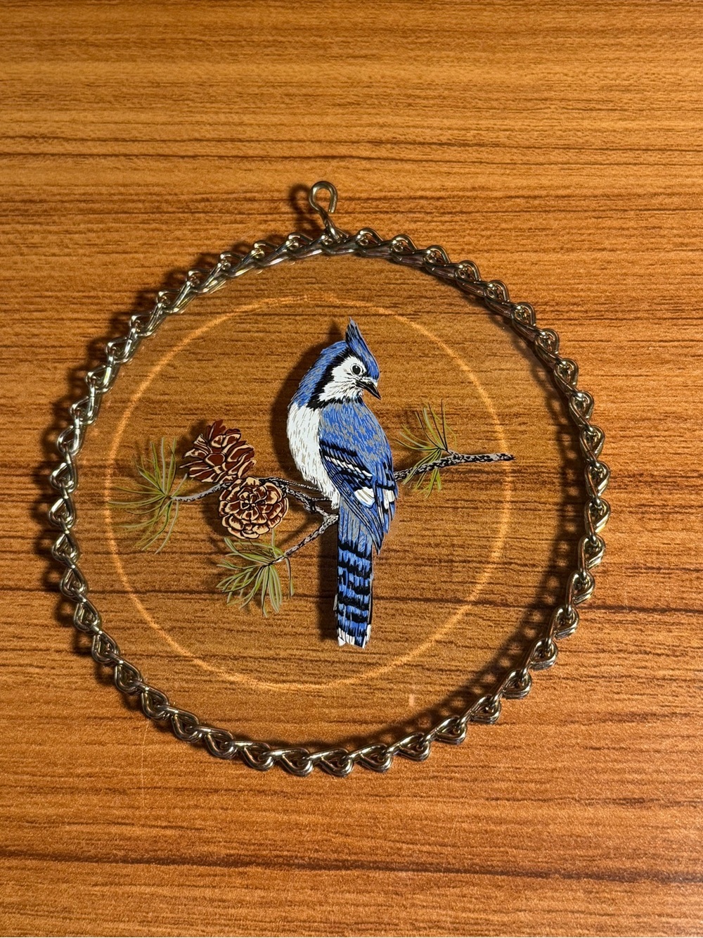 VTG Reverse Painted Glass Blue Jay Suncatcher Ornament Pinecone Chain Rim 4”